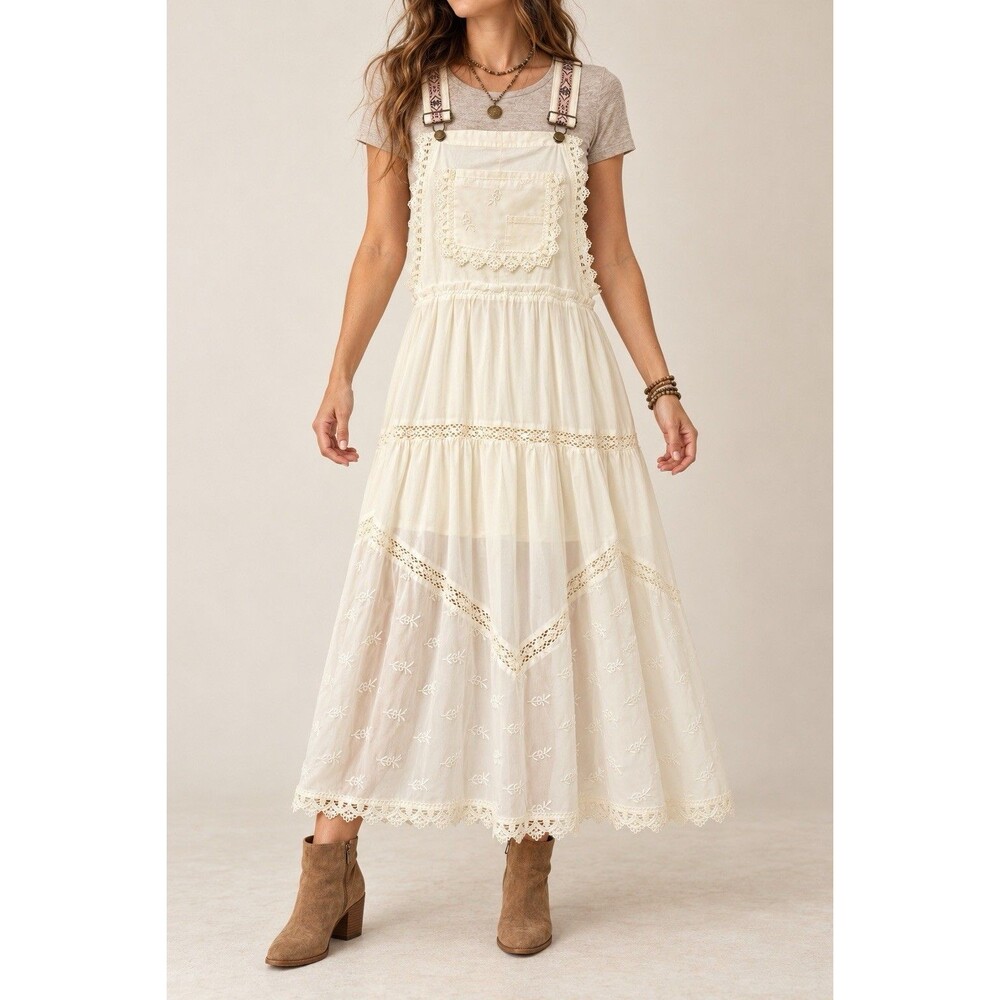 Ivory Lace Pinafore Skirtall Overall Dress (S) Embroidered Boho Prairie Cottage